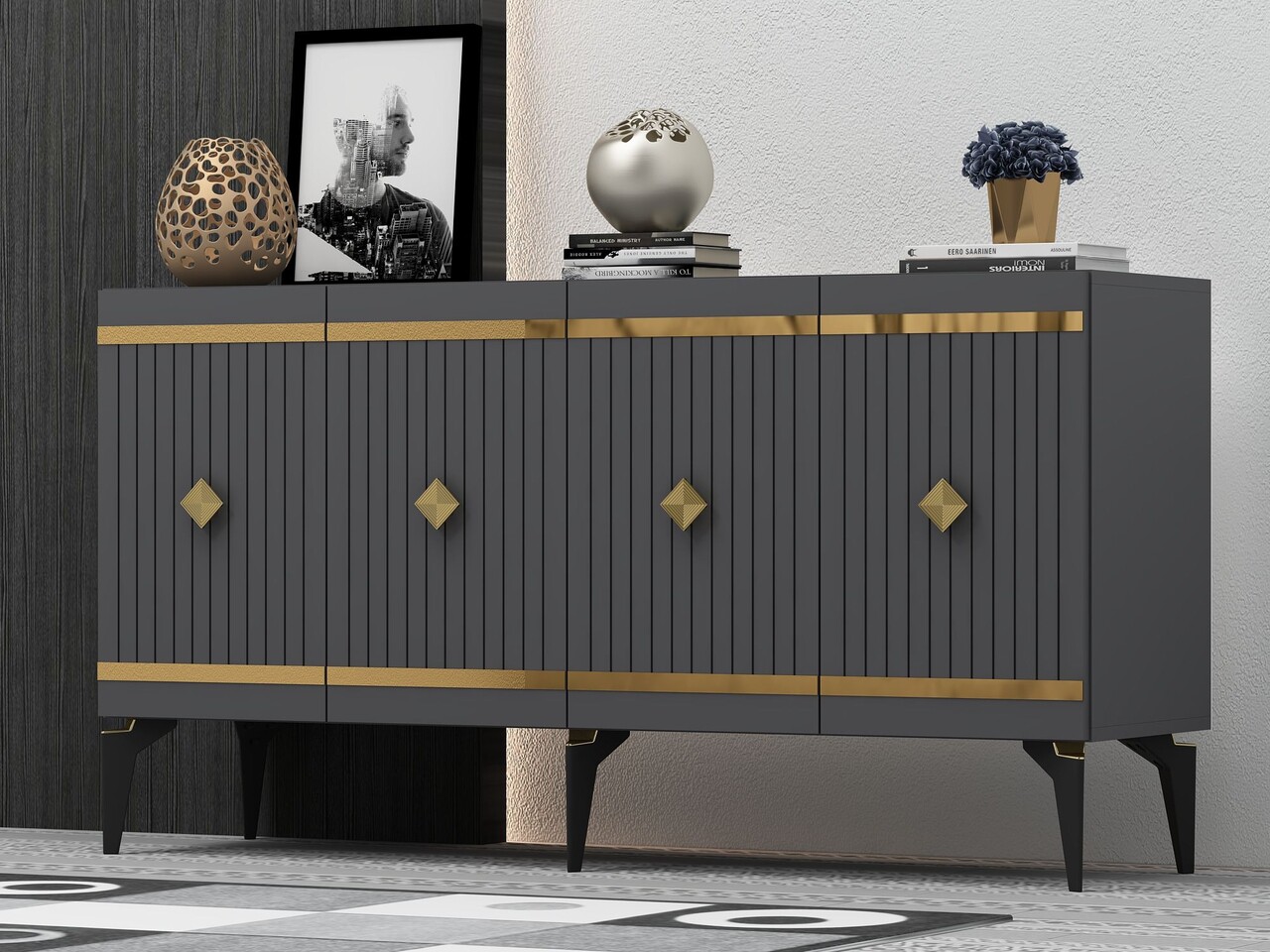 Consola, Hanah Home, Lenora, 150x79x40 cm, PAL , Antracit / Aur - view 2