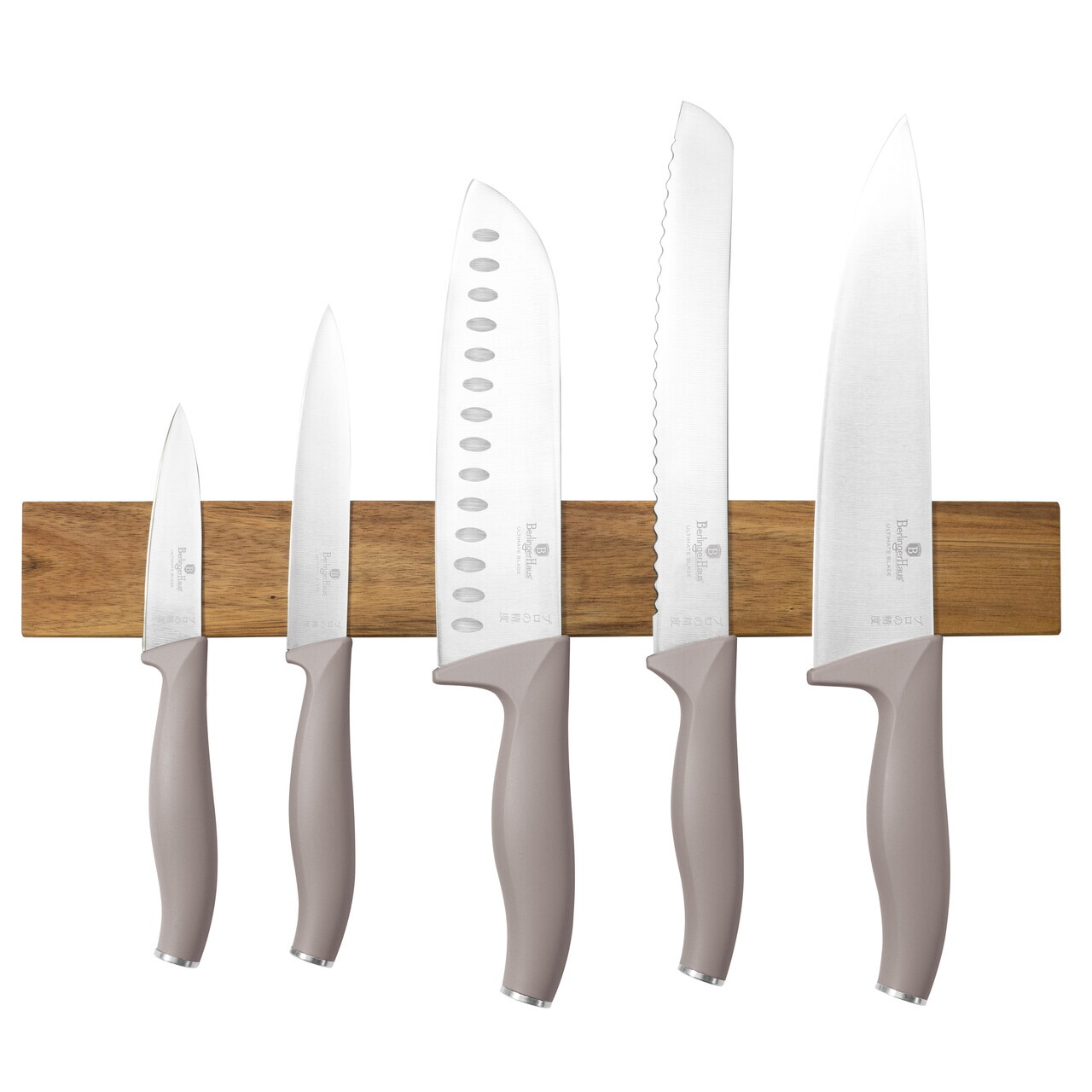 Set 5 cutite cu suport magnetic Berlinger Haus, Taupe, inox/lemn, taupe mat/natur - imagine 5