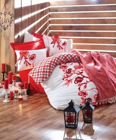 Set lenjerie de pat dubla Scarlet + pled dublu, Cotton Box, 4 piese, 220 x 230 cm, 100% bumbac ranforce, alb/rosu
