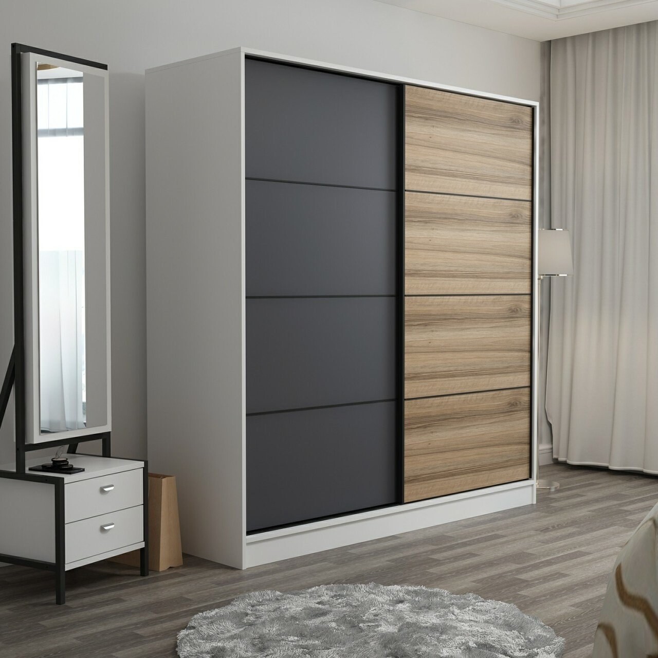Dulap pentru haine, Minerva, Kale, 180x210x52 cm, PAL, Alb / Antracit / Dore - 1 | YEO