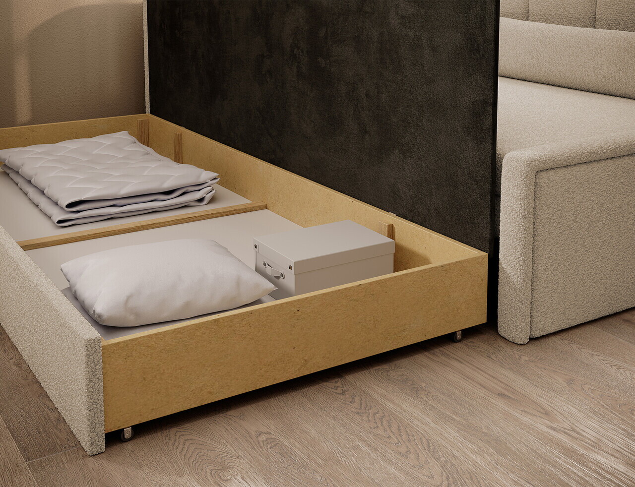 Canapea extensibila brat stanga 3 locuri ELTAP, Fulgeo, 214x82x77 cm, lemn/catifea din poliester, bej - view 7