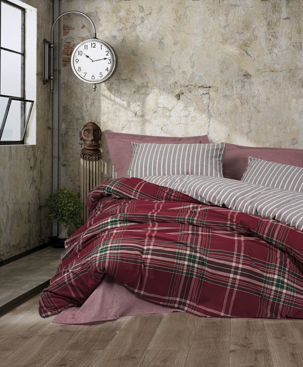Lenjerie de pat pentru o persoana, Pledd - Claret Red, Cotton Box, 50% bumbac / 50% poliester