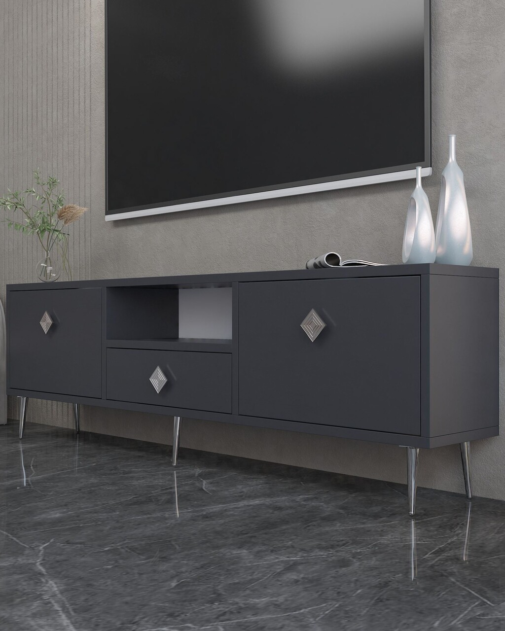 Comoda TV, Hanah Home, 1308-DROP-1, 140x45x30 cm, PAL , Antracit / Argintiu - view 2