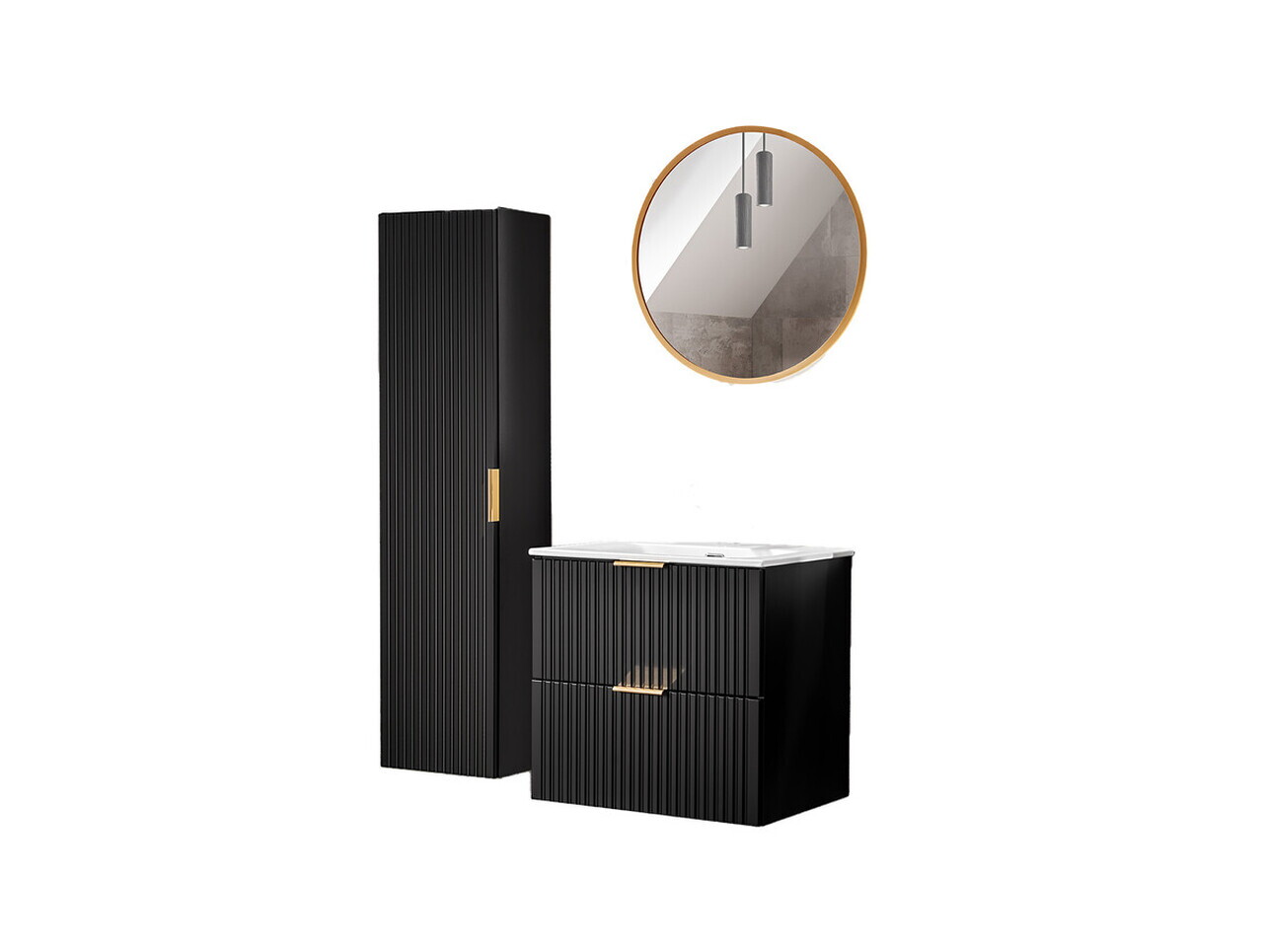 Set mobilier Adel Black 60 cm, dulap inalt, masca cu lavoar si oglinda, Comad, MDF/PAL, negru - view 2
