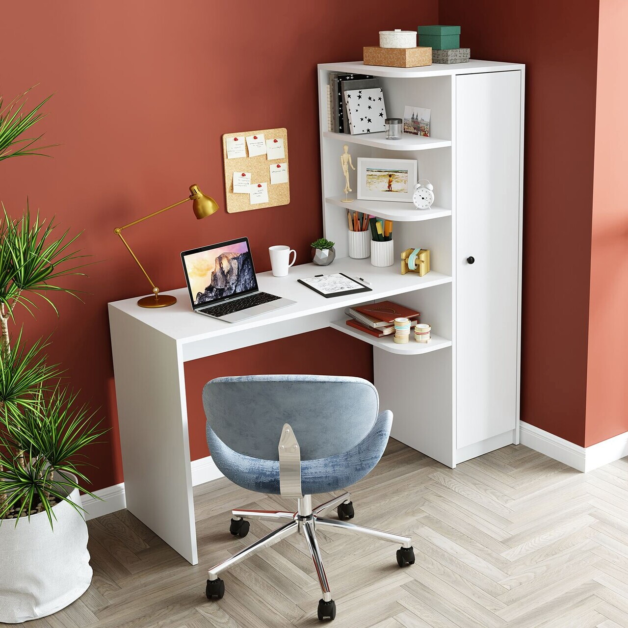 Set birou si biblioteca, Hanah Home, 2128, 143.2x143.2x50 cm, PAL MELAMINAT, Alb — imaginea 3