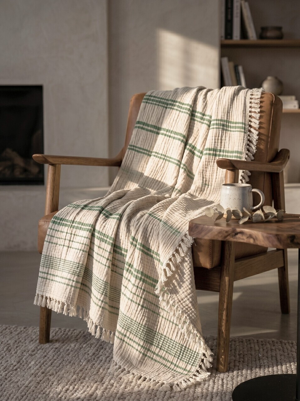 Cuvertură de pat King, L'essentiel Maison, Muslin, Bumbac, Ecru / Verde — imaginea 2
