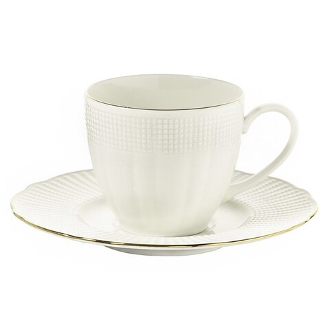 Set 6 cani + 6 farfurii, Kutahya Porselen, BNILY12CT520, 200 ml, portelan, alb/auriu 200