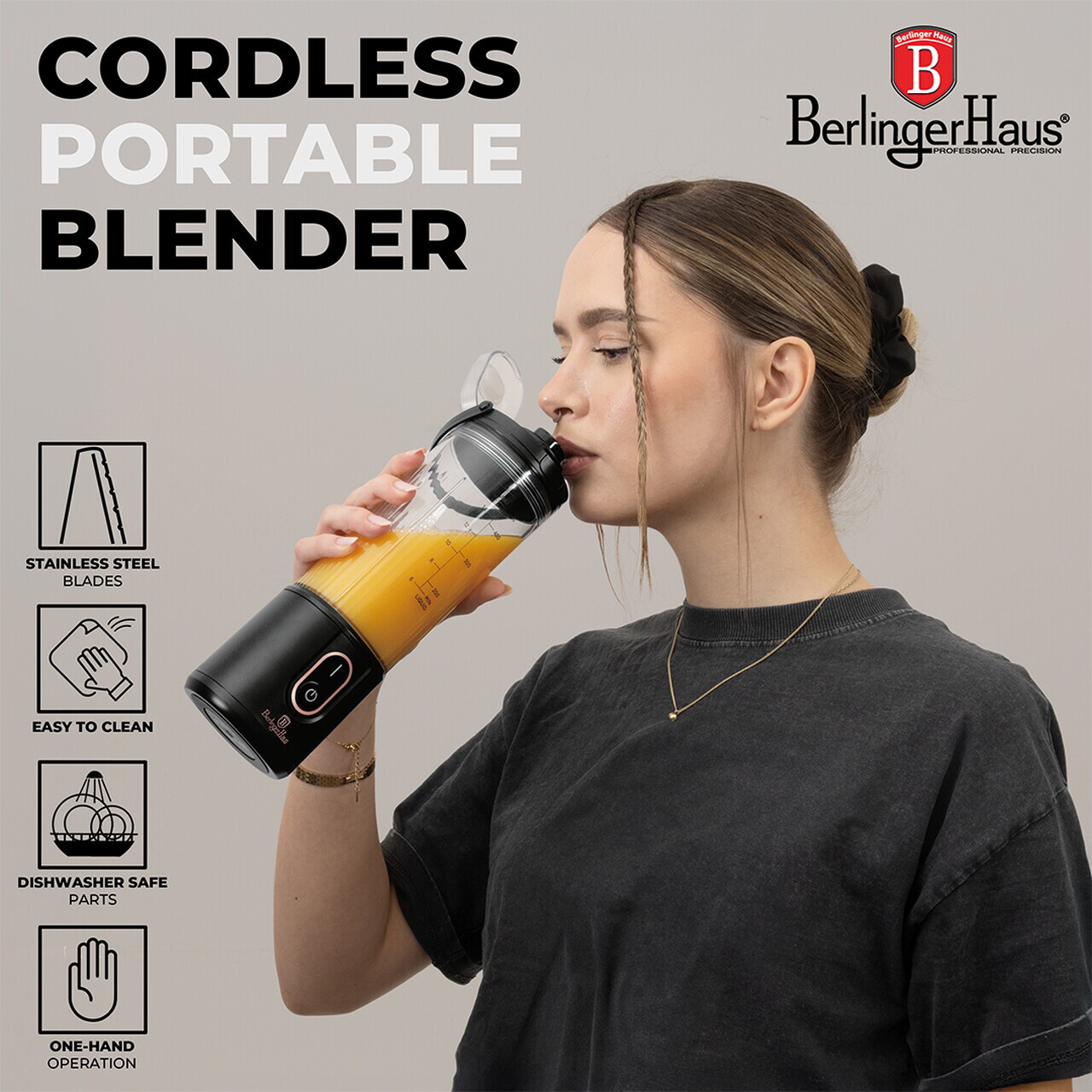 Blender portabil Berlinger Haus, Black Rose, 400 ml, 110W, 9x27.2 cm, inox/plastic, negru/transparent - view 10