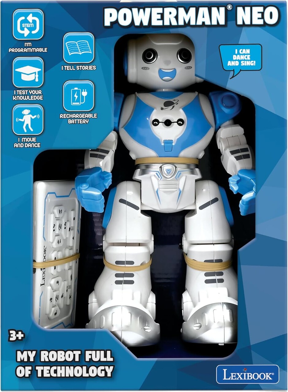 Jucarie robot programabil dansator Powerman Neo, LEXIBOOK, 30.5x22.5x10 cm, plastic, alb/albastru