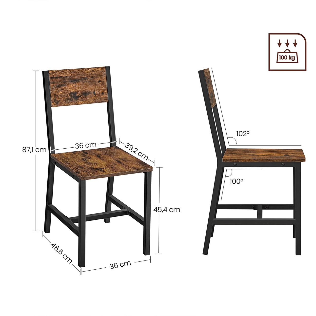 Set 2 scaune de bucatarie, Vasagle, 36x46.6x87.1 cm, PAL/otel, maro/negru