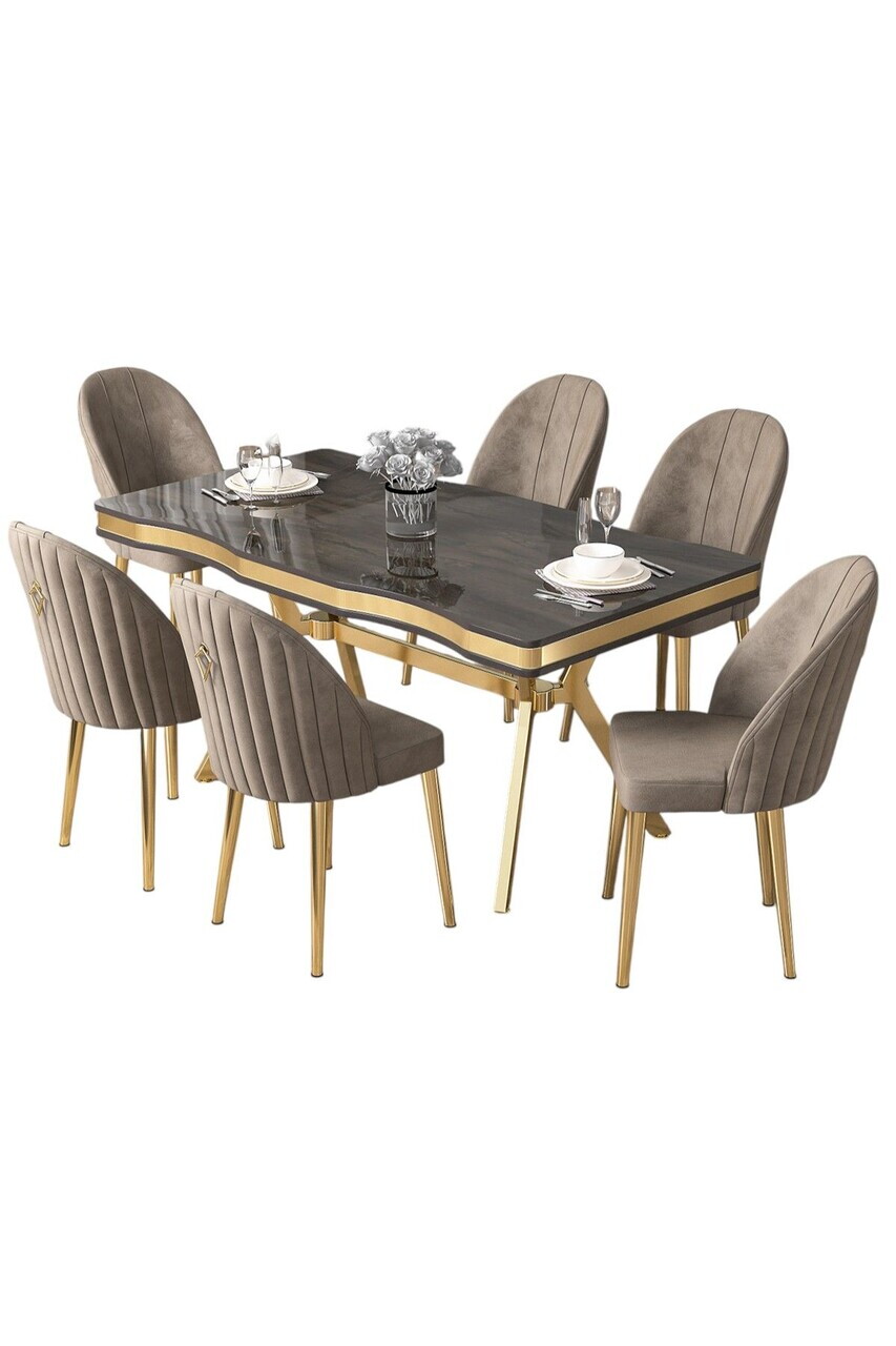Set masa si scaune (7 piese), Hanah Home, Pem, Antracit / Auriu / Cappuccino — imaginea 2