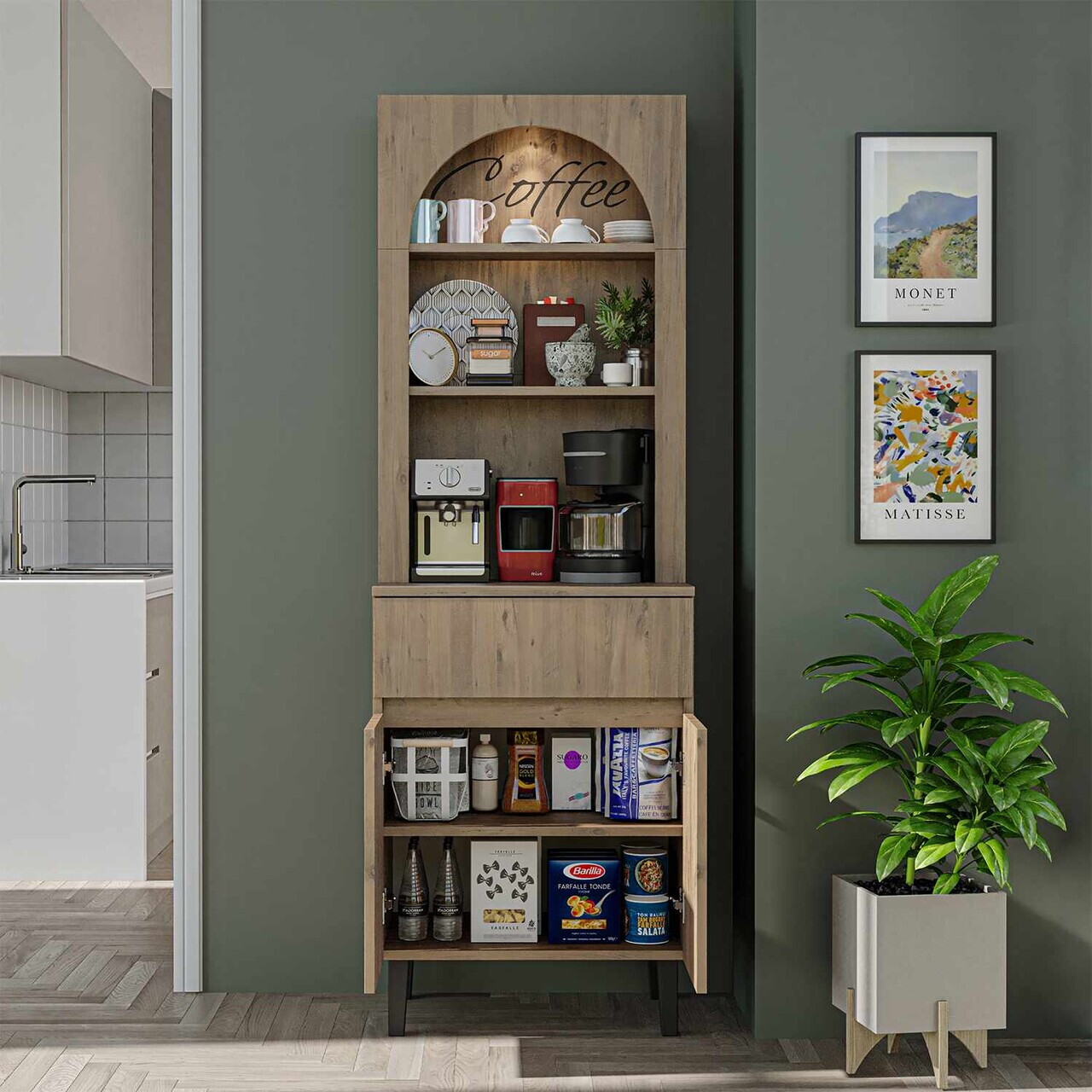 Dulap de bar pentru cafea, Hanah Home, Ledli, 60x179x41.8 cm, PAL, Maro — imaginea 3