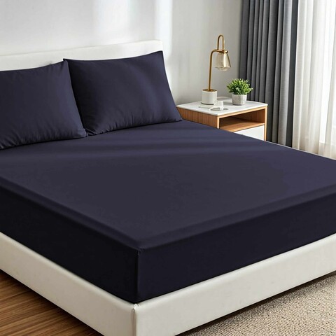 Set de pat dublu (cearceaf cu elastic si perne) 3 piese, L'essentiel Maison, Muslin 180, Albastru inchis