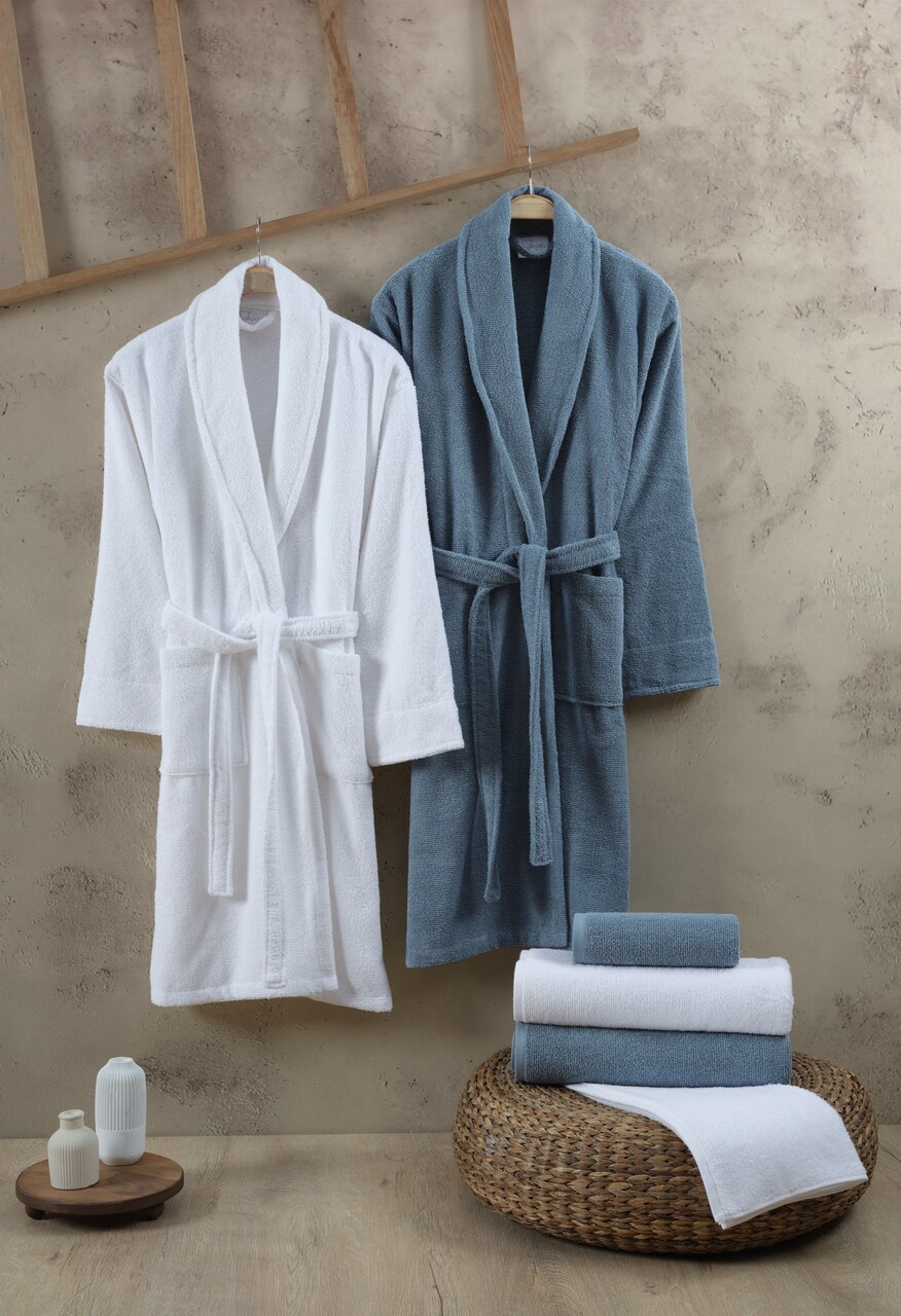 Set de baie Family, Şaheser, Elisa, Bumbac, Alb / Albastru Denim