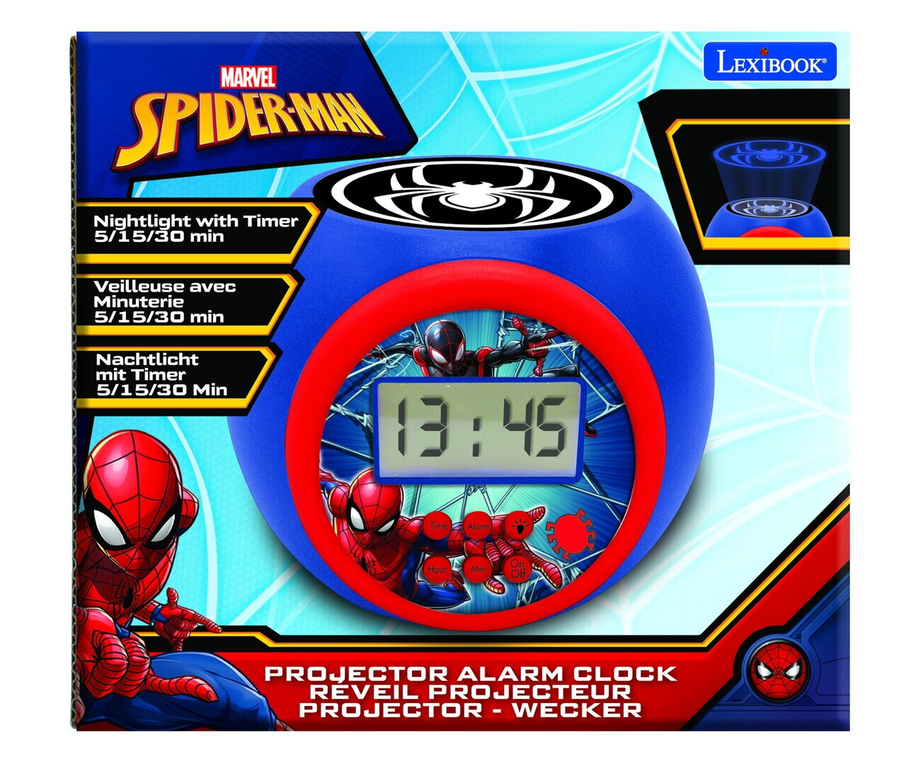 Ceas desteptator cu proiector Spider-Man, LEXIBOOK, 11.8x11x9.1 cm, albastru - imagine 3