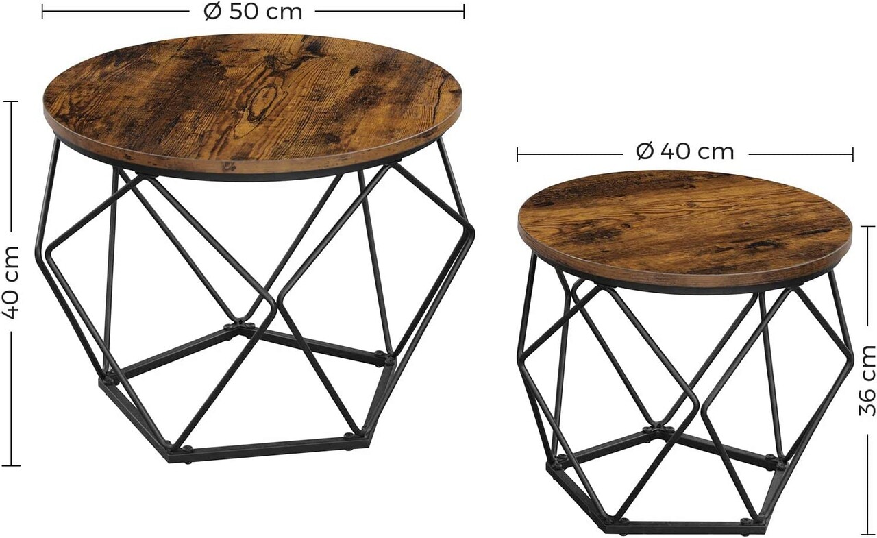 Set 2 masute de cafea Vasagle Geometric Round, Ø50 x 40 cm, PAL/otel, maro rustic