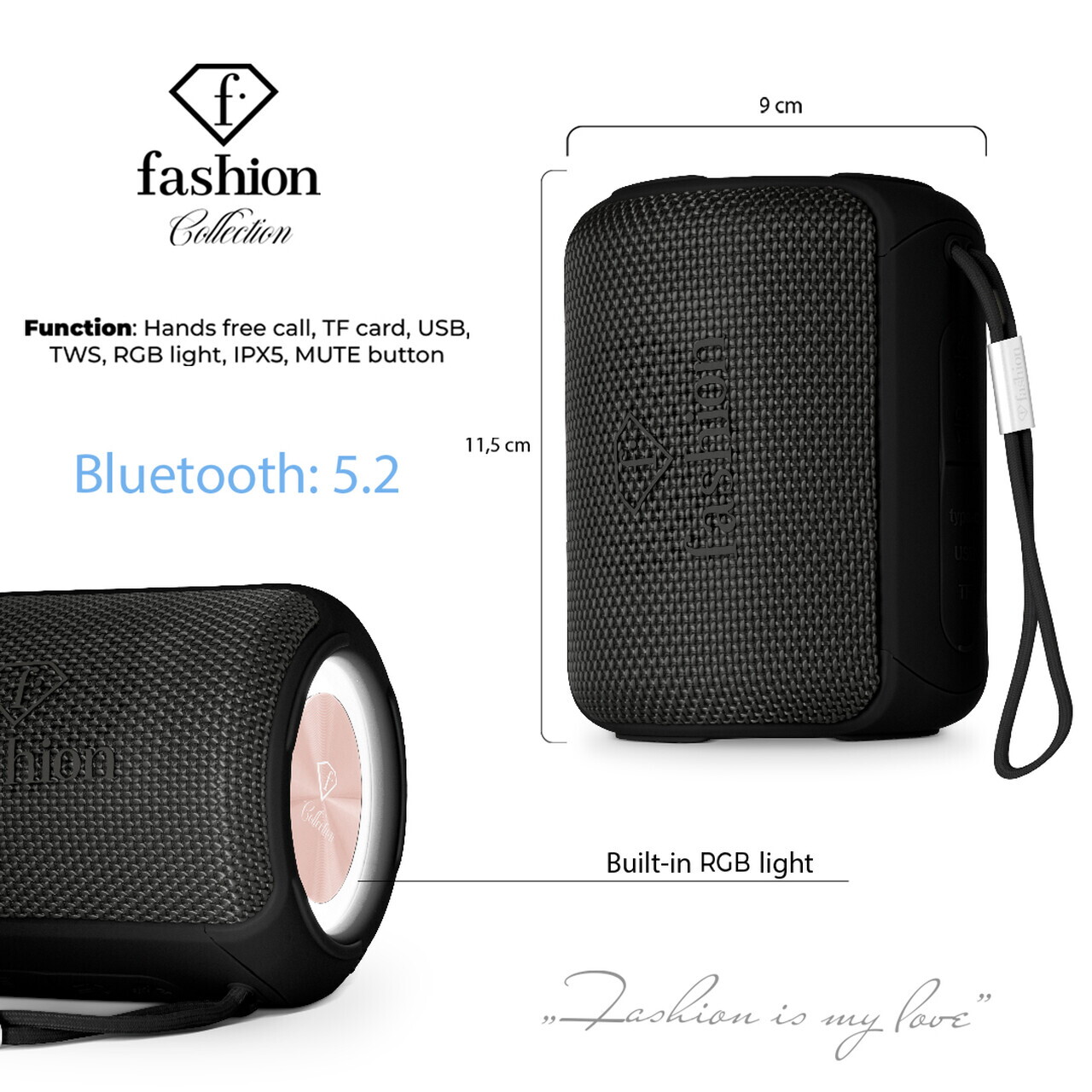 Boxa Bluetooth S Fashion TV, Matte Black-Rose Gold, 8.5x8.9x11.5 cm, negru - imagine 4