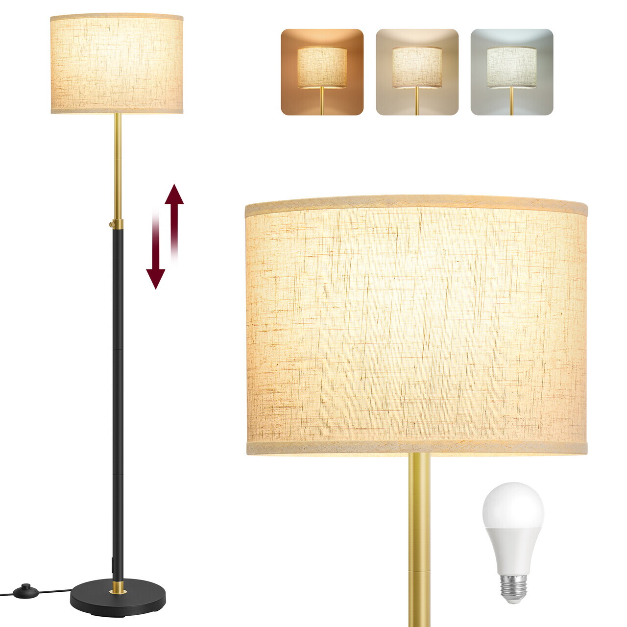 Lampadar Modern Style, Vasagle, inaltime ajustabila, 1 x E27, 30x140-170 cm, otel/plastic, negru mat