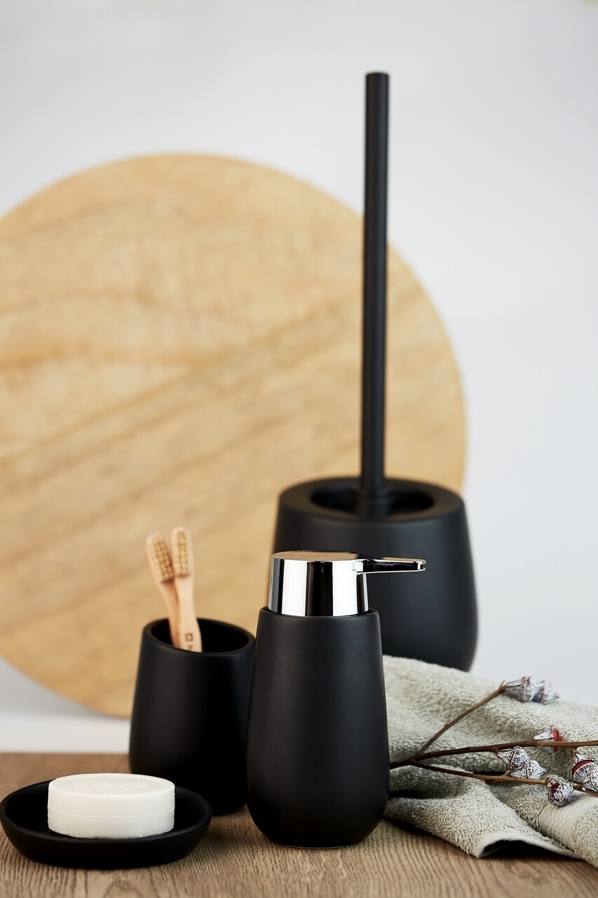 Perie pentru toaleta cu suport, Wenko, Badi, 13.5 x 38 cm, ceramica, negru