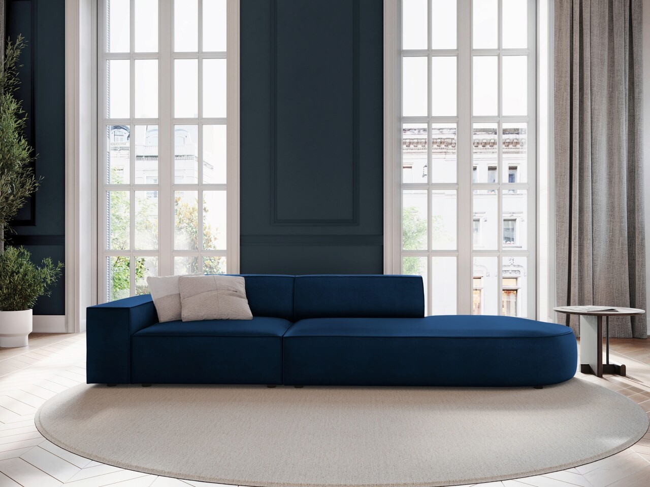 Canapea 3 locuri cotiera dreapta, Jodie, Micadoni Home, BL, forma rotunjita, 262x102x70 cm, catifea, albastru regal
