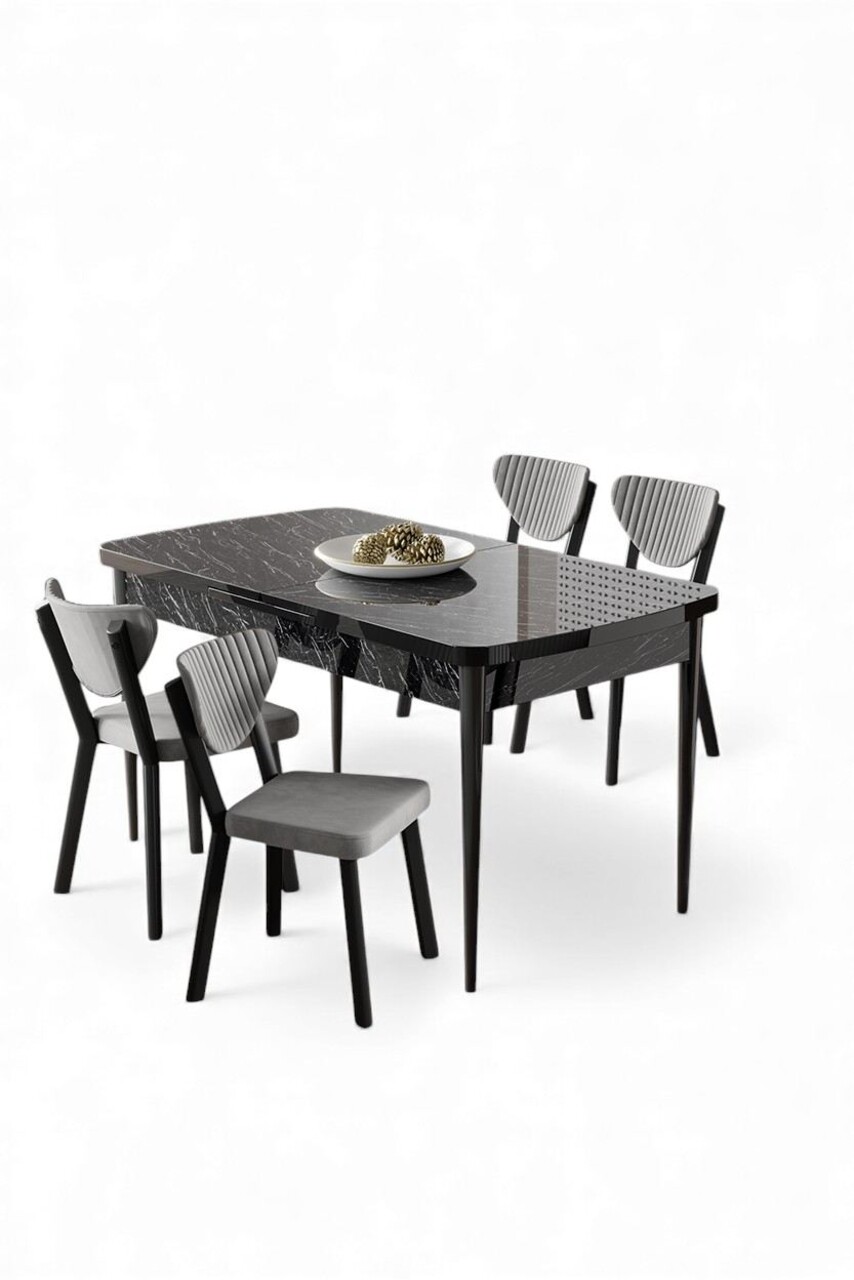 Set masa extensibila si scaune, Hanah Home, Exve, Marmură neagră / Gri - view 2