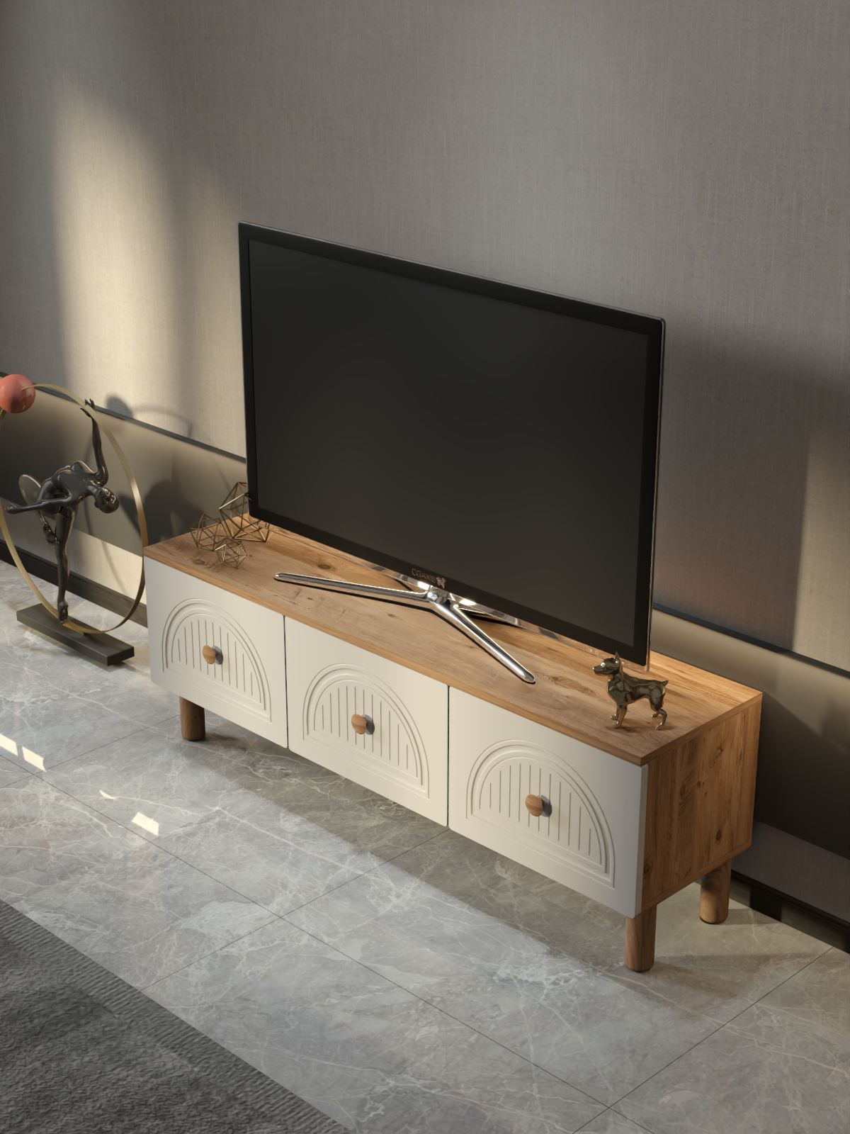 Comoda TV, Hanah Home, Arcera 135, 135x47x35 cm, PAL, Pin Atlantic / Alb