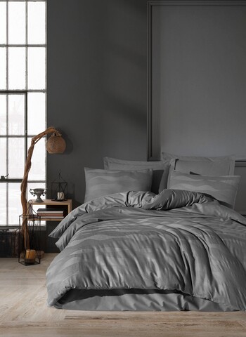 Lenjerie de pat dubla, 6 piese, 200x220 cm, 100% bumbac, saheser, greta, gri