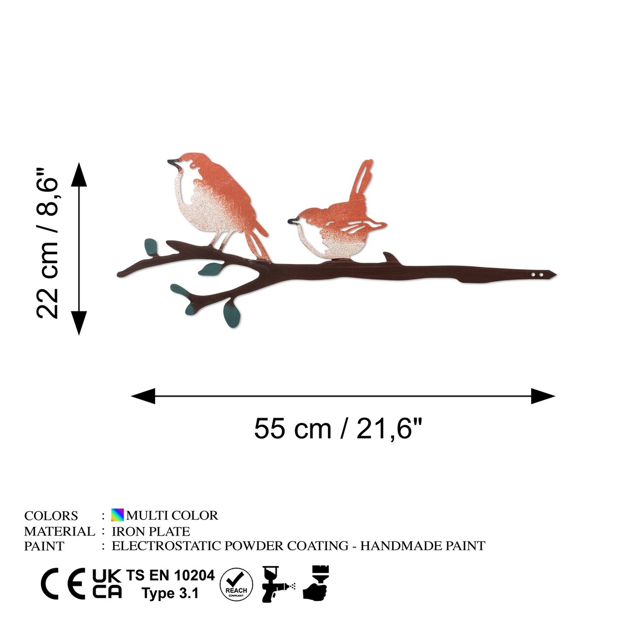 Obiect decorativ de grădină, Bird on the branch 23, 22x55 cm, Multicolor - imagine 6