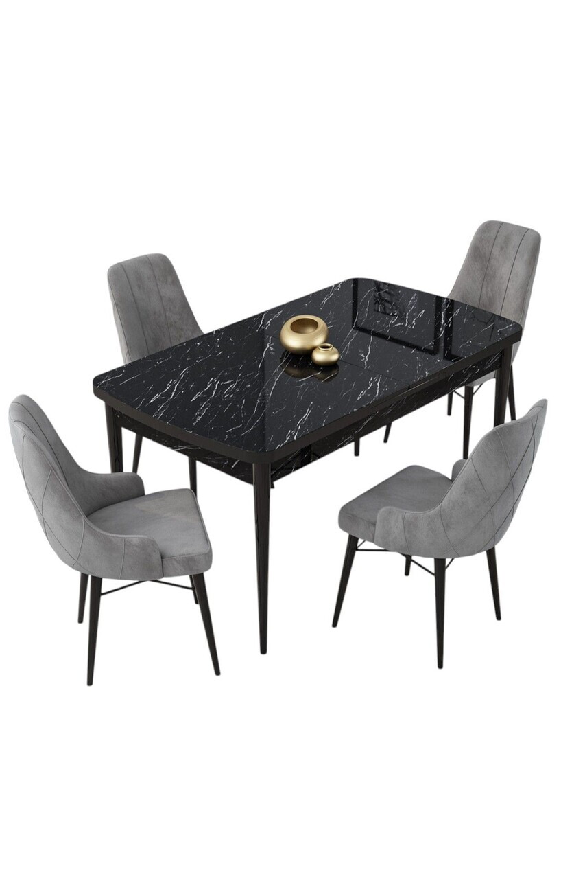 Set masa extensibila si scaune (5 piese), Hanah Home, Lia, Model de marmură neagră / Gri — imaginea 2