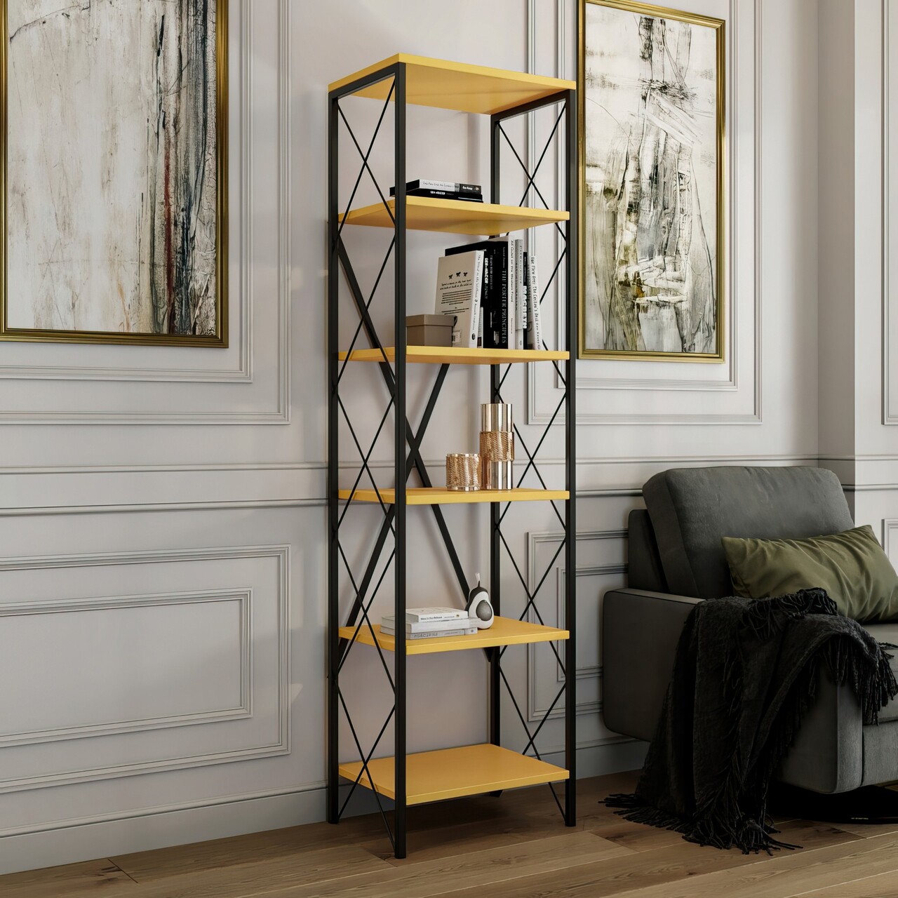 Corp biblioteca, Kalune Design, Suadiye, 50x180x30 cm, PAL, Galben/Negru