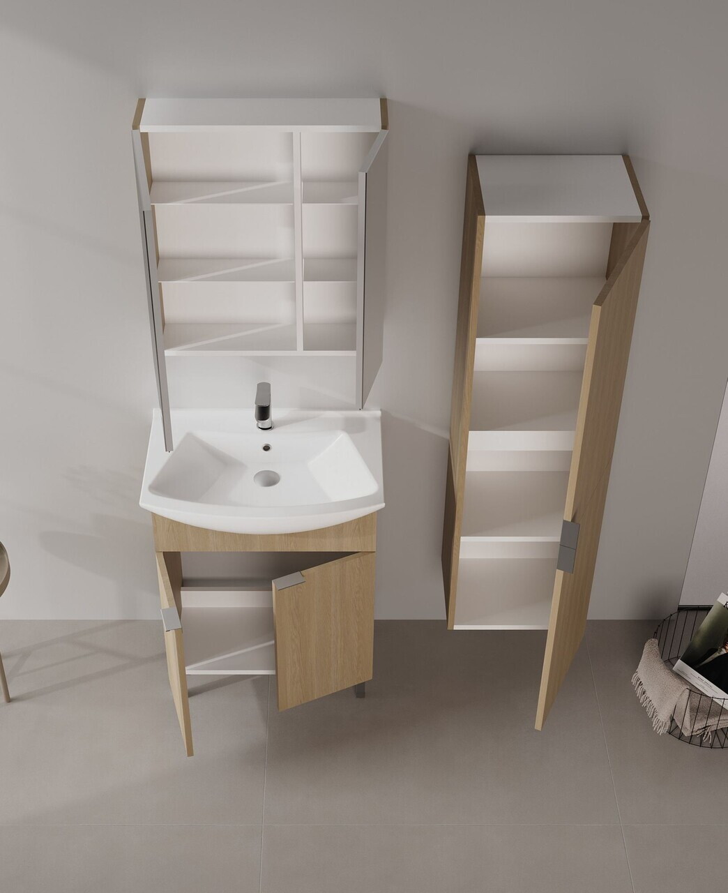 Set Dulap de Baie cu Chiuvetă și Oglindă (2 Piese), Hanah Home, Purus 65, Stejar — imaginea 3