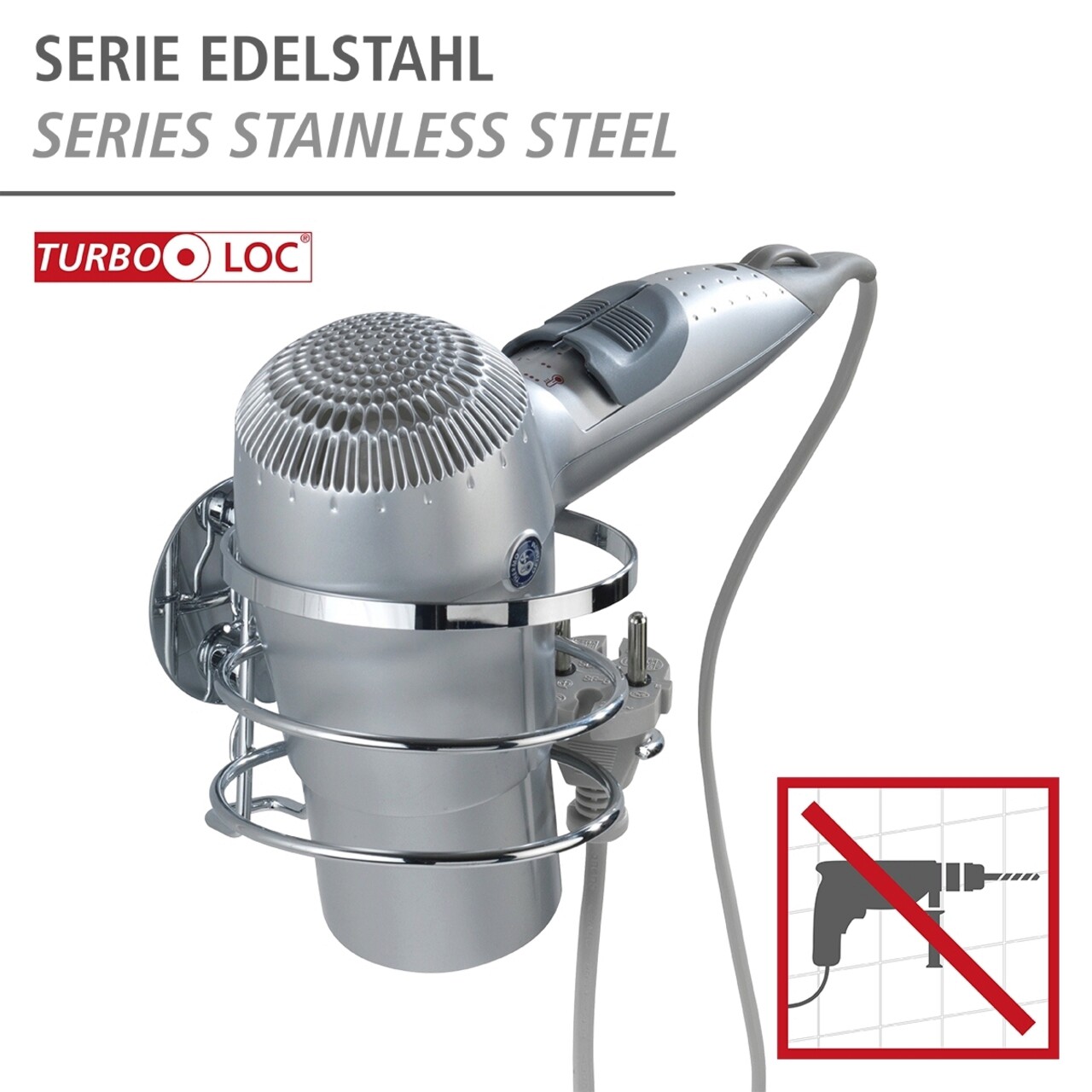 Suport pentru uscatorul de par Turbo-Loc, Wenko, 12.5x11.5x9 cm, inox, argintiu lucios - view 5