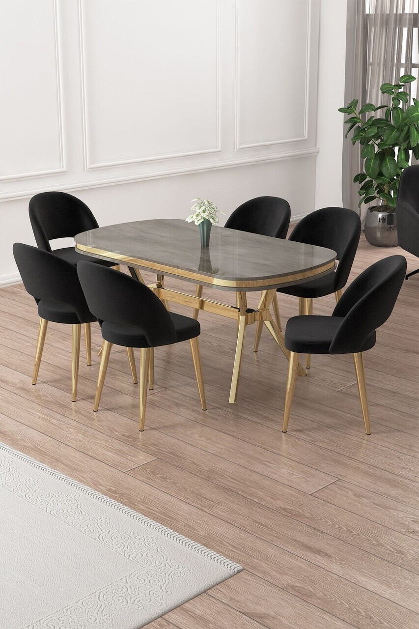 Set masa si scaune (7 piese), Hanah Home, Jita, Antracit / Aur / Negru