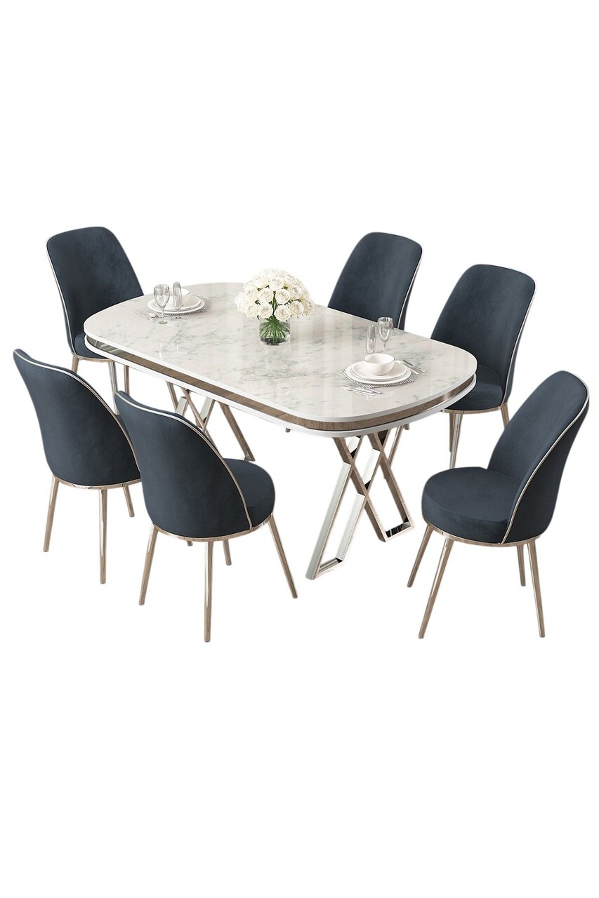 Set masă și scaune (7 piese), Hanah Home, Lai, Alb / Crom / Antracit - imagine 2