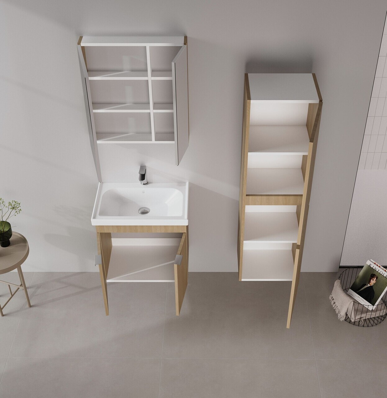 Set Dulap de Baie cu Chiuvetă și Oglindă (2 Piese), Hanah Home, Desna 60, Stejar — imaginea 3