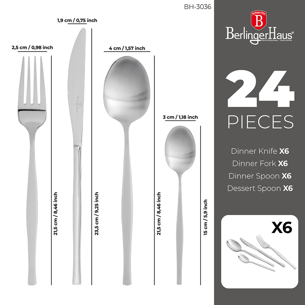 Set tacamuri 24 piese Berlinger Haus, Cutlery, inox, argintiu - imagine 13