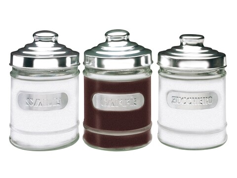 Set 3 recipiente pentru sare/zahar/cafea, Excelsa, 720 g, sticla/aluminiu