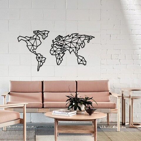 Decoratiune de perete, World Map, Metal, Dimensiune: 120 x 64 cm, Negru