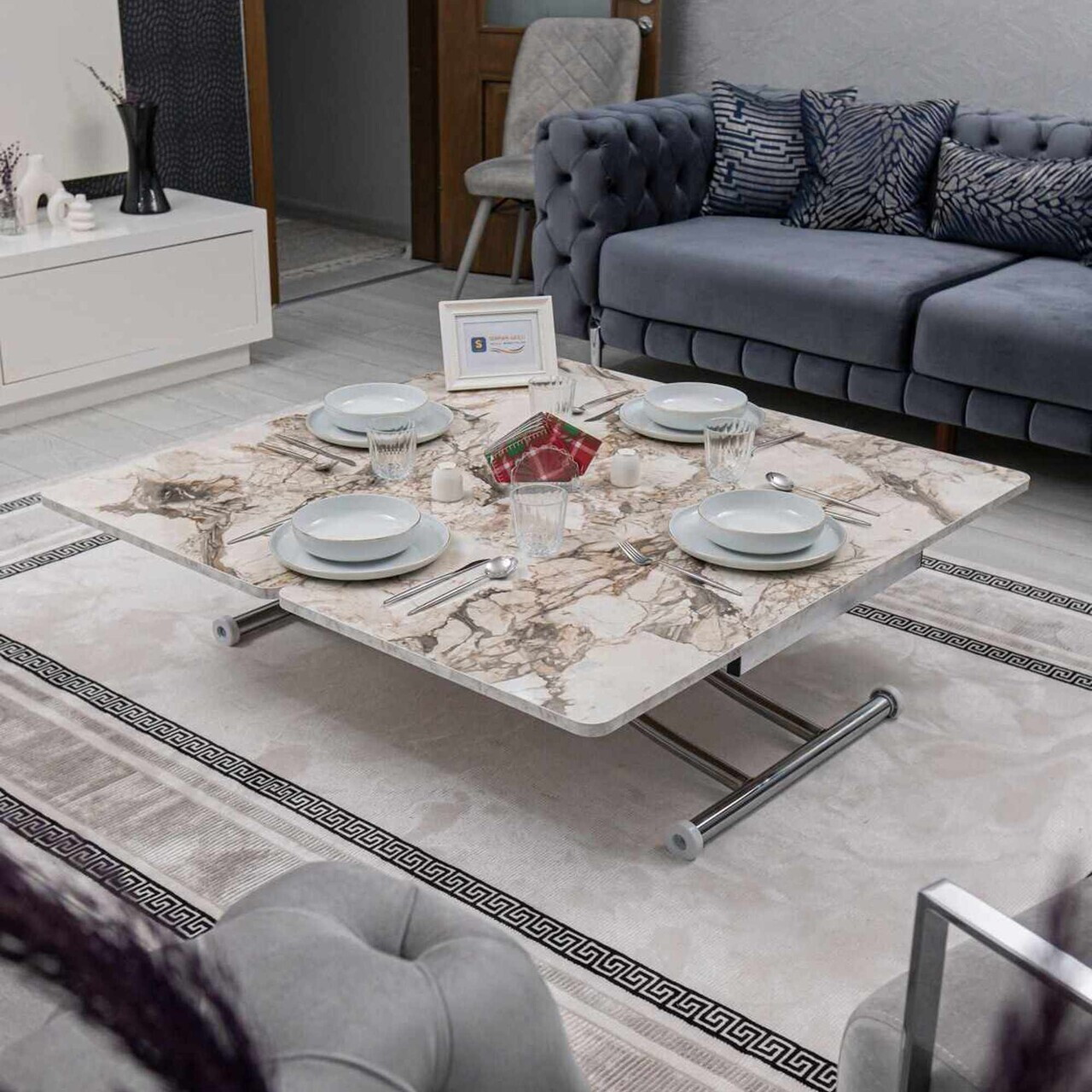 Masuta de cafea, Hanah Home, Juppo Int, MDF, Marmură albă / Crom — imaginea 4