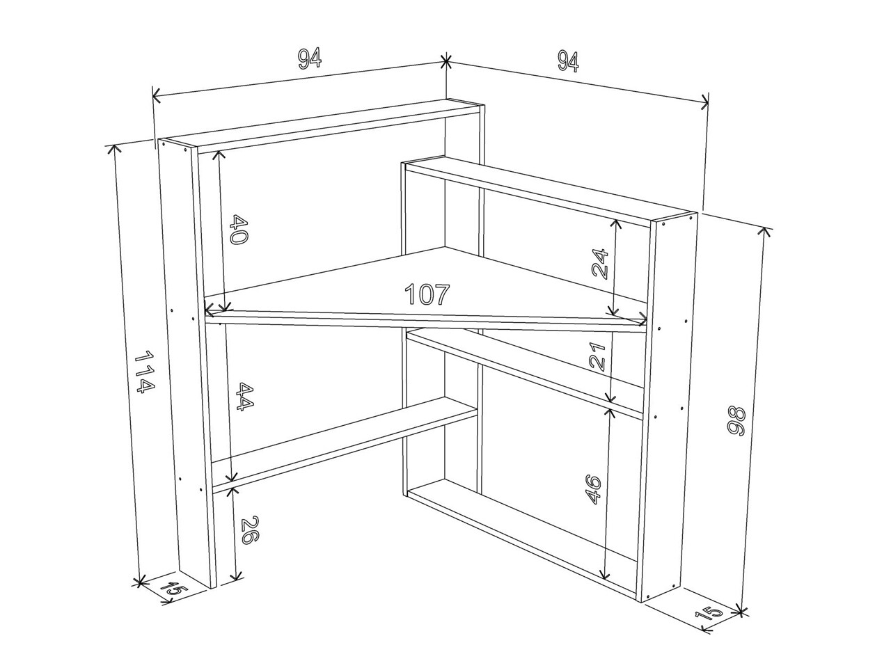 Birou De Colt Rafevi Pisagor Corder, 94 X 94 X 114 Cm, PAL, Walnut/galben