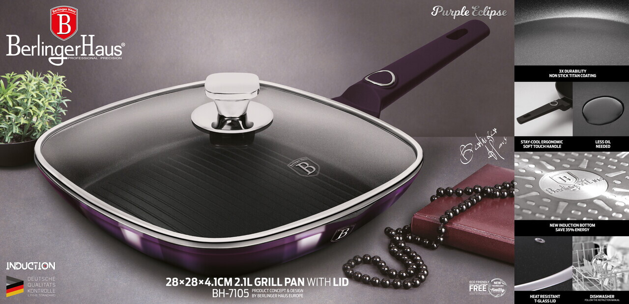 Tigaie grill cu capac Berlinger Haus, Purple Eclipse, 28 cm, 2.1 L, aluminiu forjat, mov - imagine 3