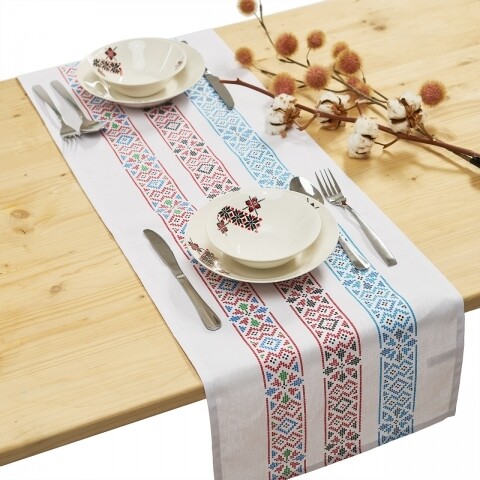 Traversa pentru masa traditional, heinner home, 33 x 120 cm, 100% bumbac, 100% bumbac, alb/albastru/rosu