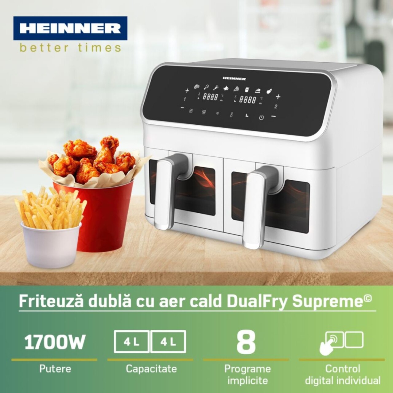 Friteuza dubla Dualfry Supreme, Heinner, 1700W, 8L, alb