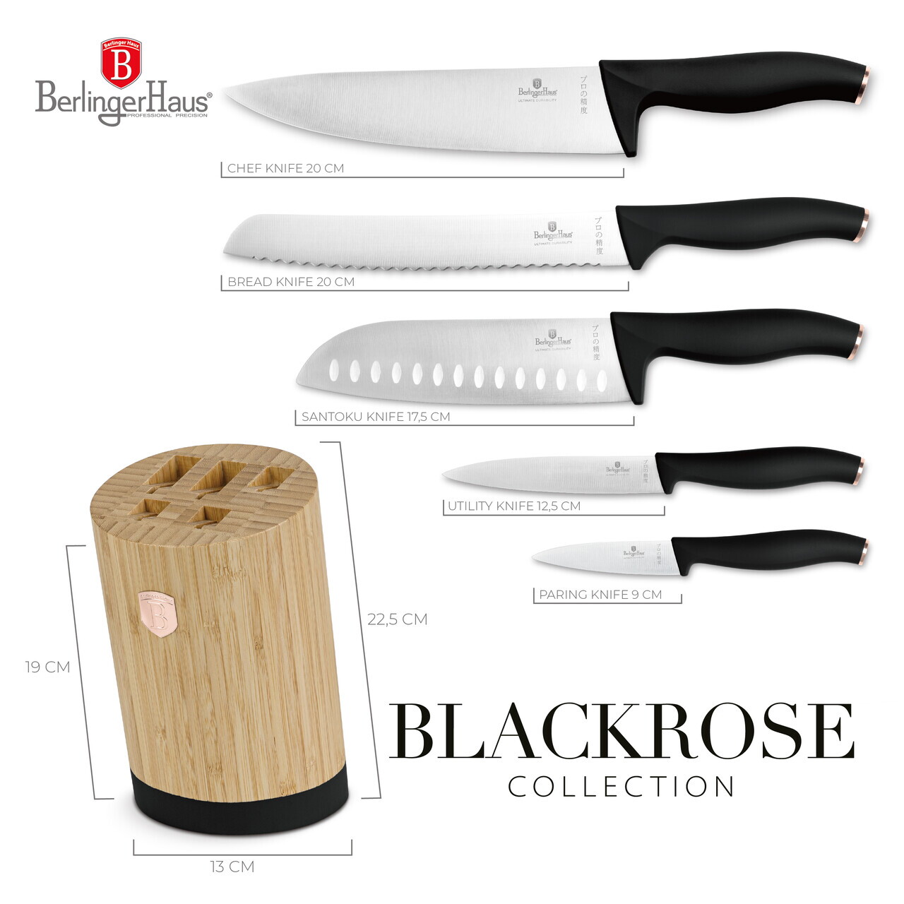 Set 5 cutite cu suport rotund Berlinger Haus, Black Rose, inox/bambus, negru/natur - imagine 14