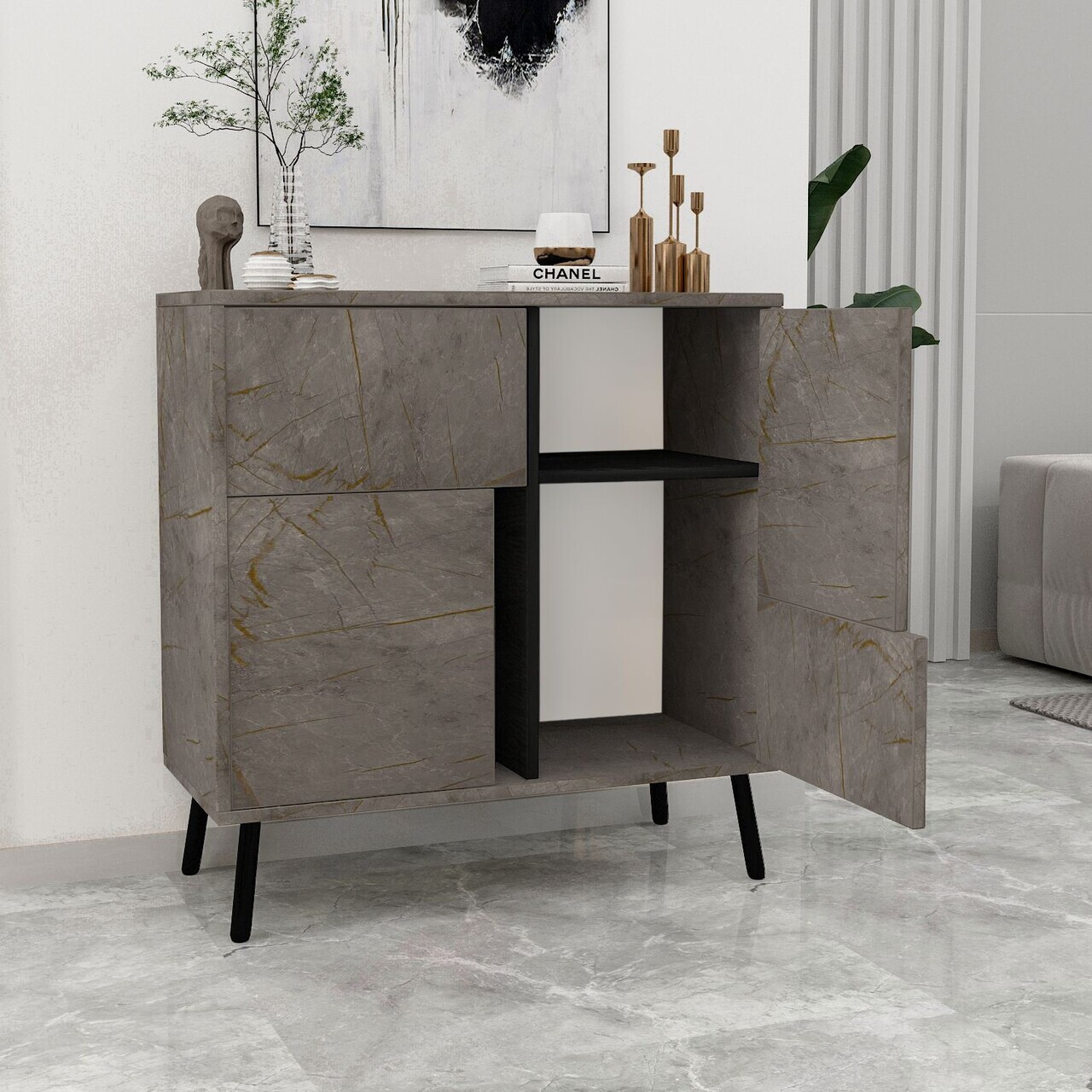 Dulap multifunctional, Hanah Home, Darien, 76.5x79.5x35 cm, PAL, Marmură / Lemn negru — imaginea 3
