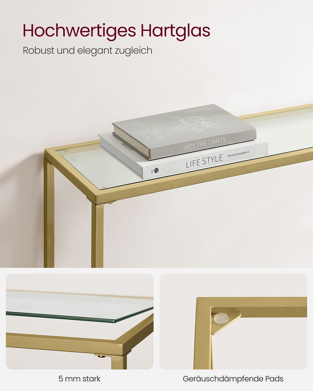 Consola, Vasagle, 100x20x80 cm, sticla temperata/otel, auriu - imagine 4