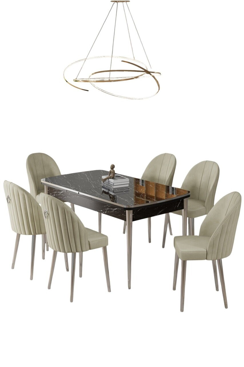 Set masa extensibila si scaune (7 piese), Hanah Home, Rada, Model de marmură neagră / Crom / Crem — imaginea 2