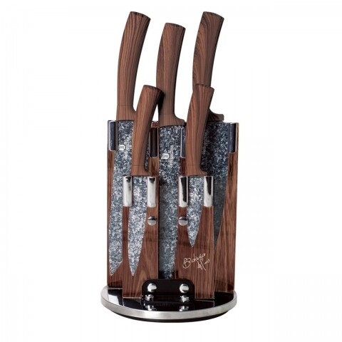 Set cutite marmorate cu suport 6 piese, Forest Line, Berlinger Haus, inox, maro/gri marmorat