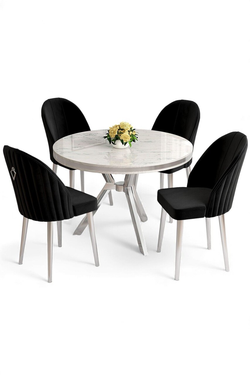 Set masă și scaune (5 bucăți), Hanah Home, Mos, MARMURĂ ALBĂ CROM / NEGRU - view 2