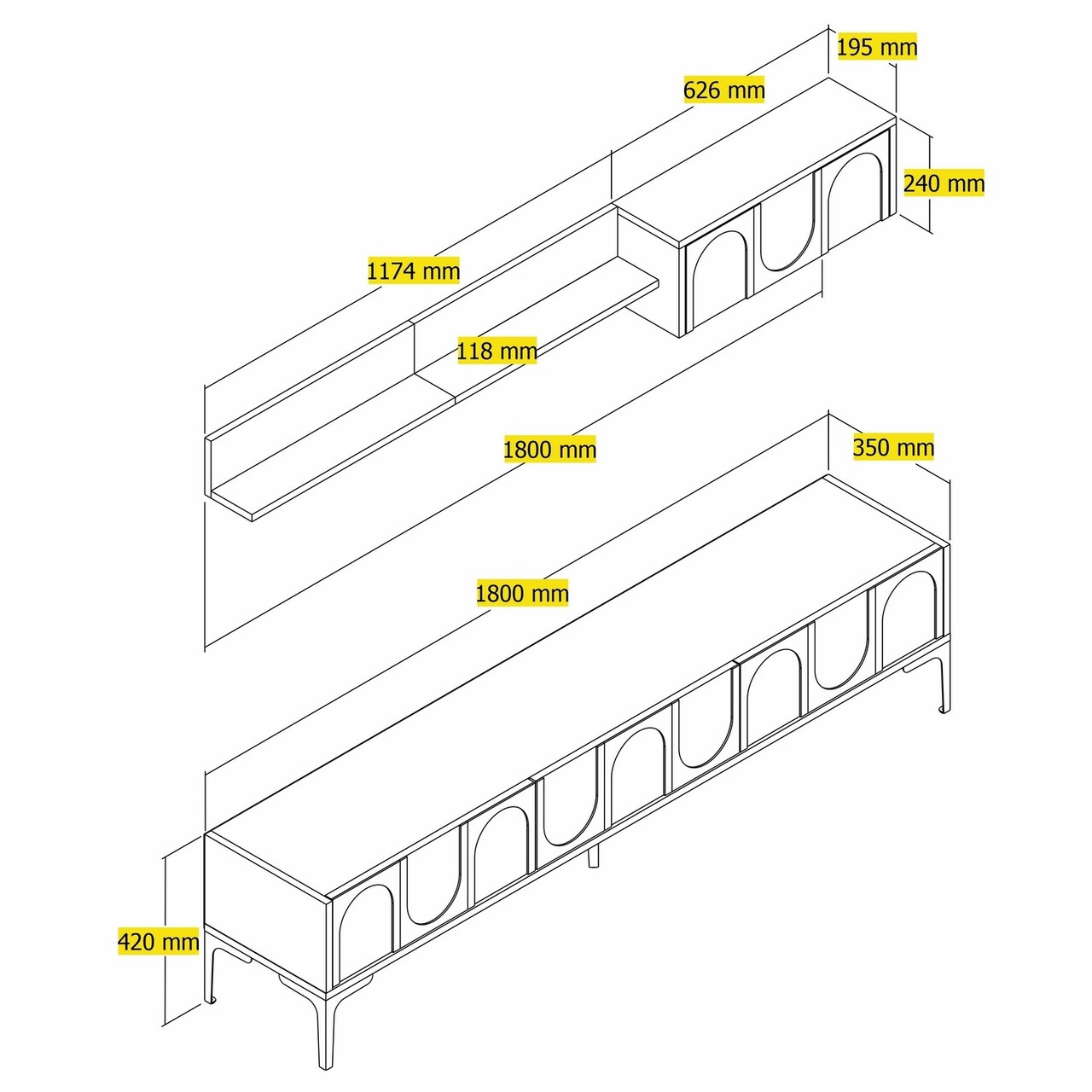 Comoda TV, Hommy Craft, Lyon 2, 180x42x35 cm, PAL, Alb/Negru